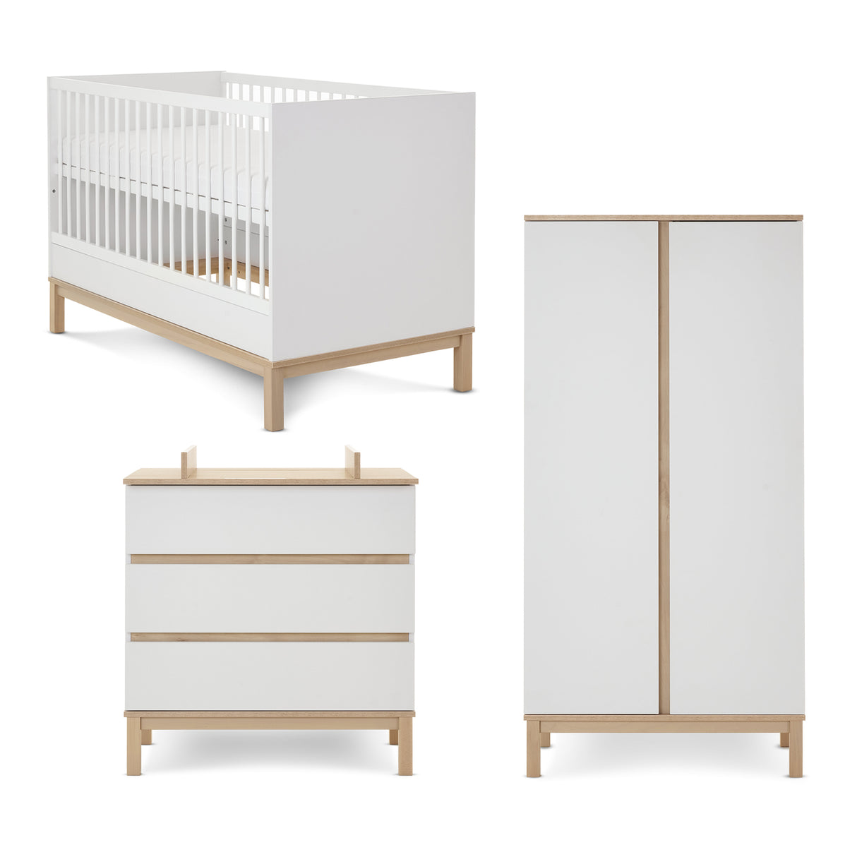 Obaby Astrid 3 Piece Nursery Furniture Set with Cot Bed, Dresser & Wardrobe - White