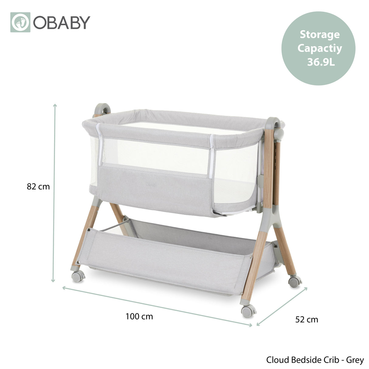 Obaby Cloud Bedside Crib - Grey