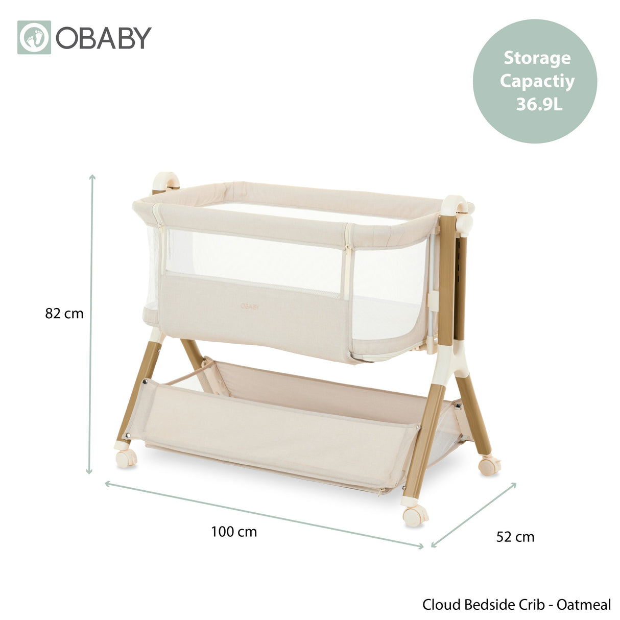 Obaby Cloud Bedside Crib - Oatmeal