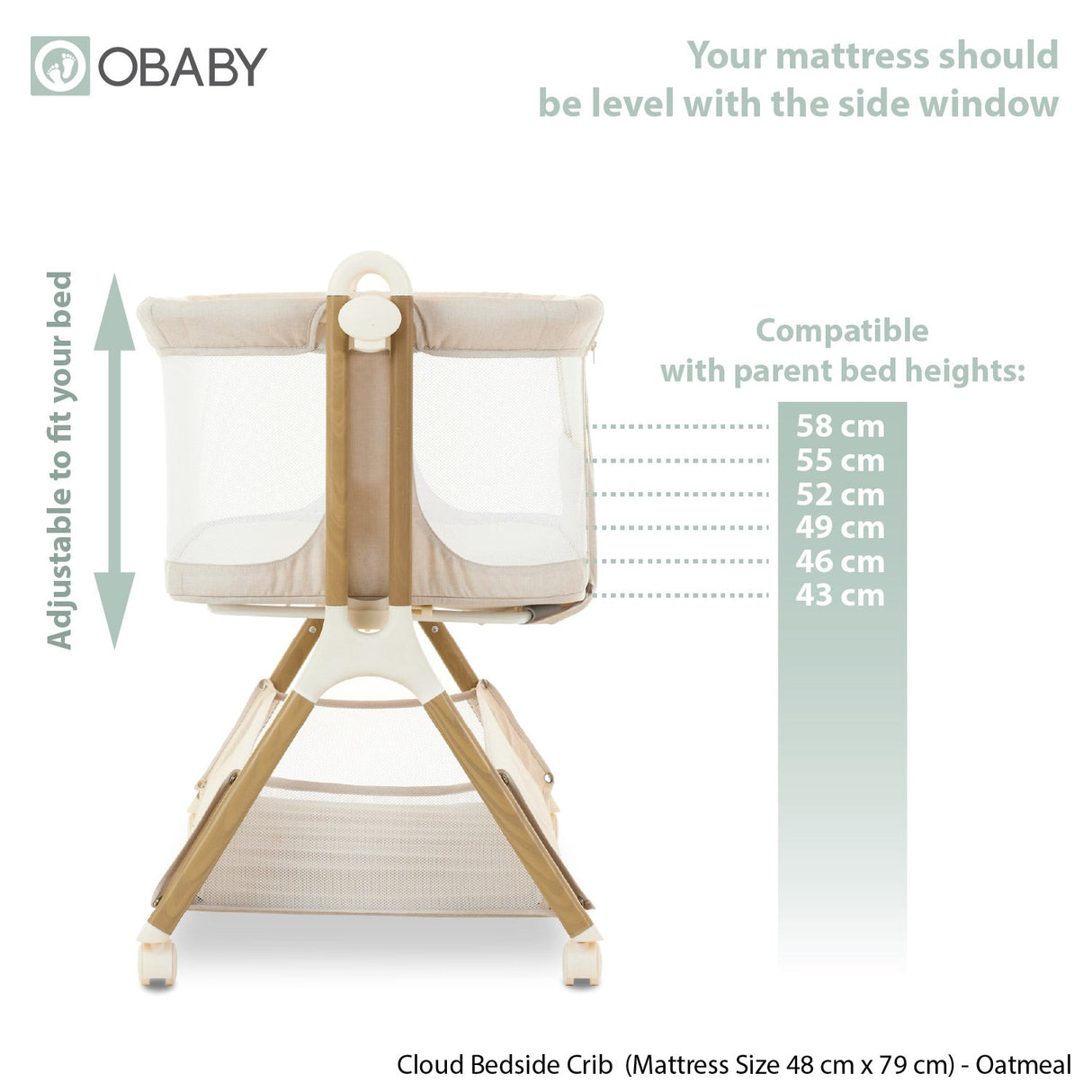 Obaby Cloud Bedside Crib - Oatmeal