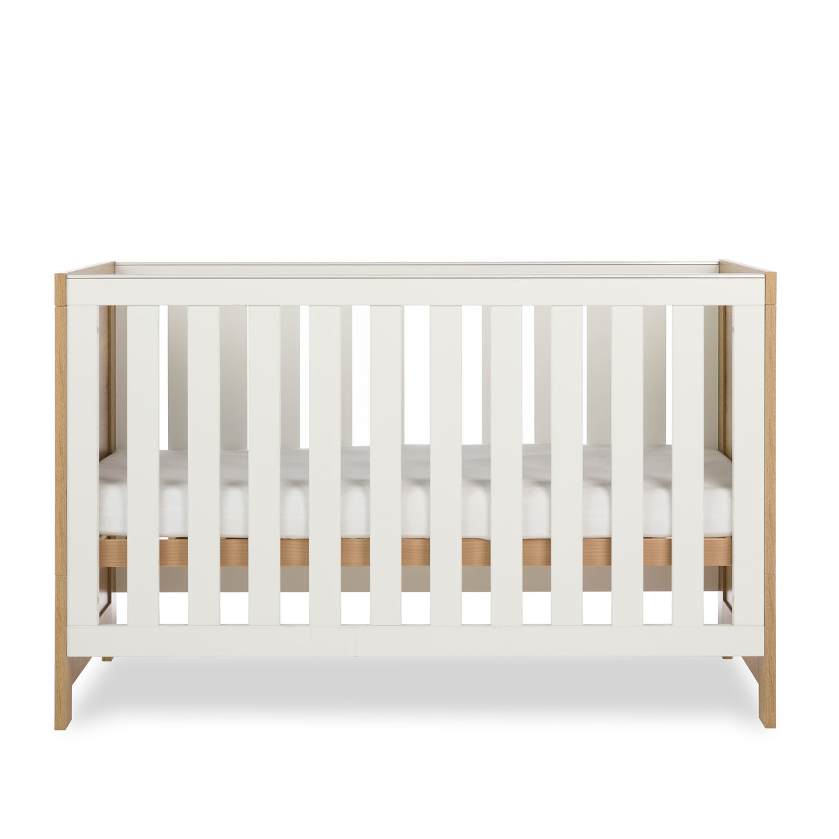 Obaby Nika 3 Piece Nursery Furniture Set with Cot Bed, Under Drawer, Dresser and Wardrobe - Oak & White