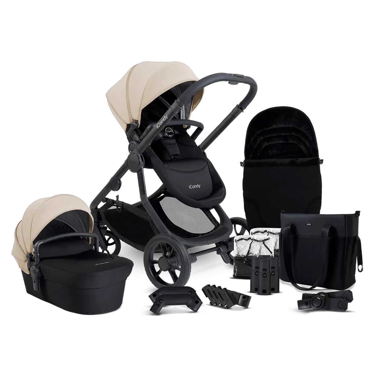 iCandy Orange 4 Single to Double Pushchair Bundle with Accessories - Latte