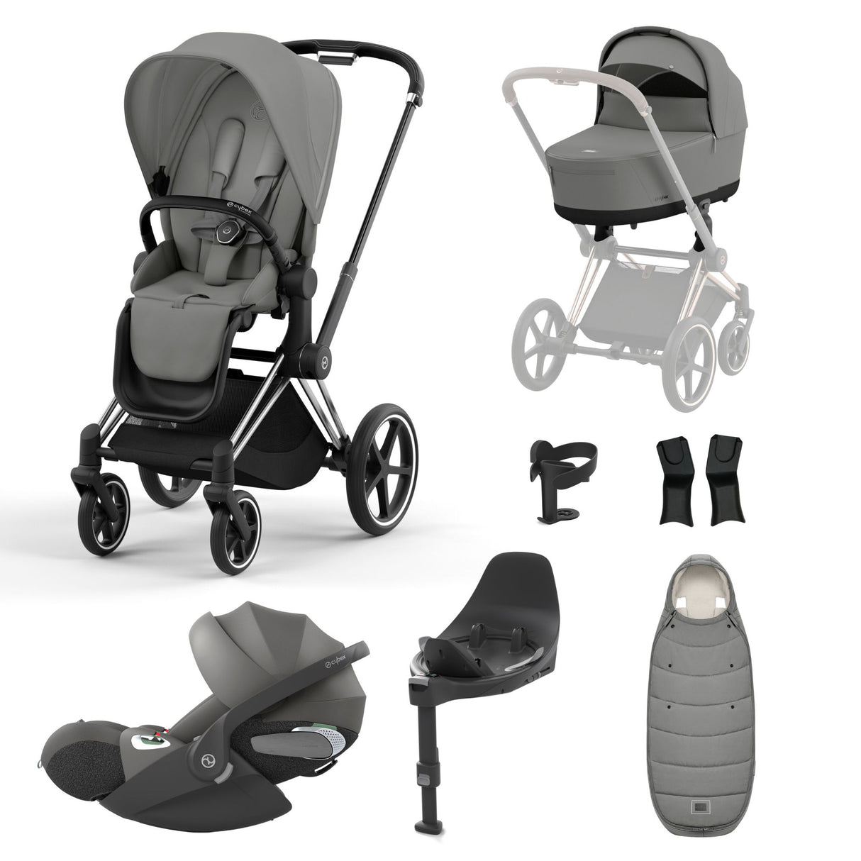 Cybex Priam Travel System with Accessories, Cloud T Car Seat & ISOFIX Base - Mirage Grey / Chrome Black Frame
