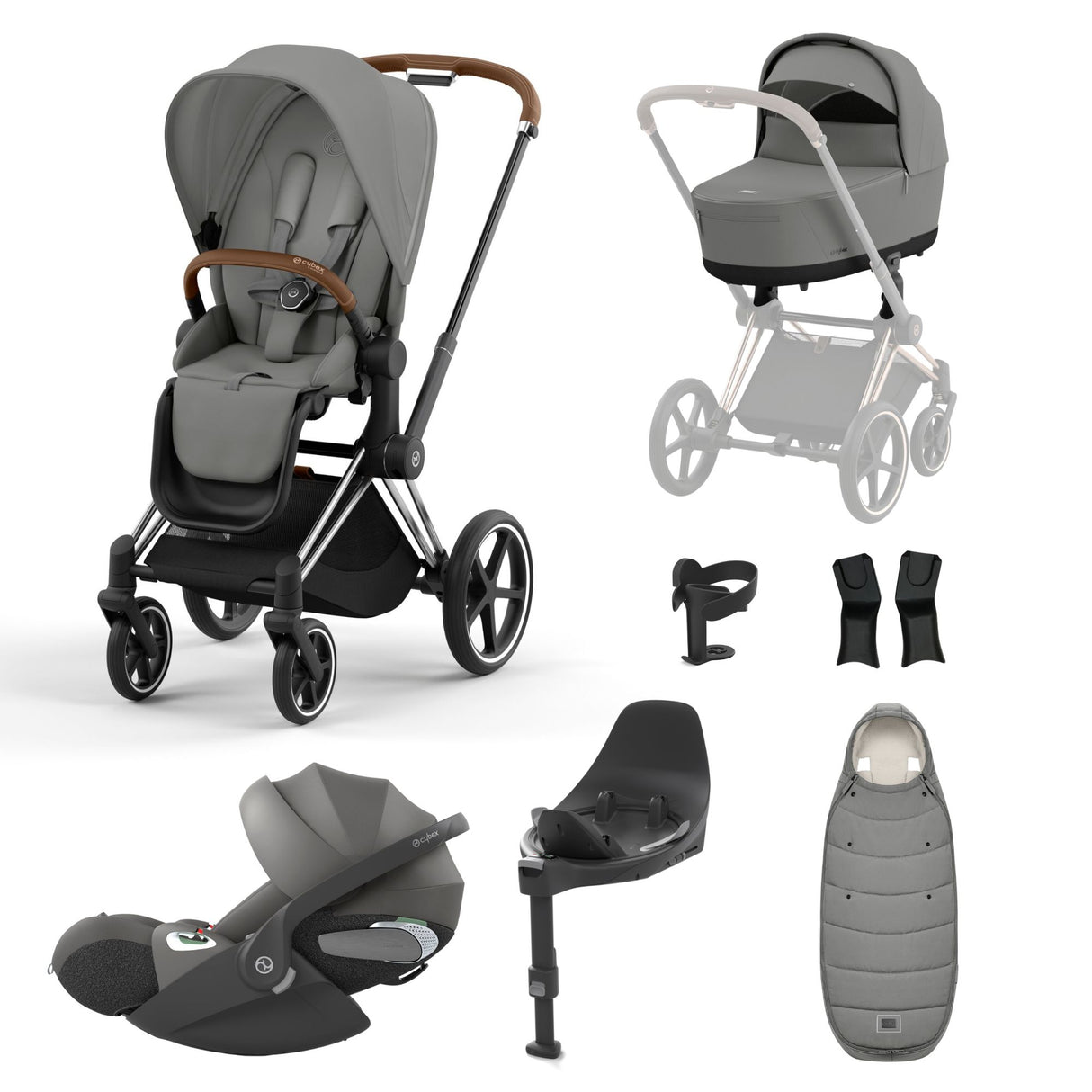 Cybex Priam Travel System with Accessories, Cloud T Car Seat & ISOFIX Base - Mirage Grey / Chrome Brown Frame