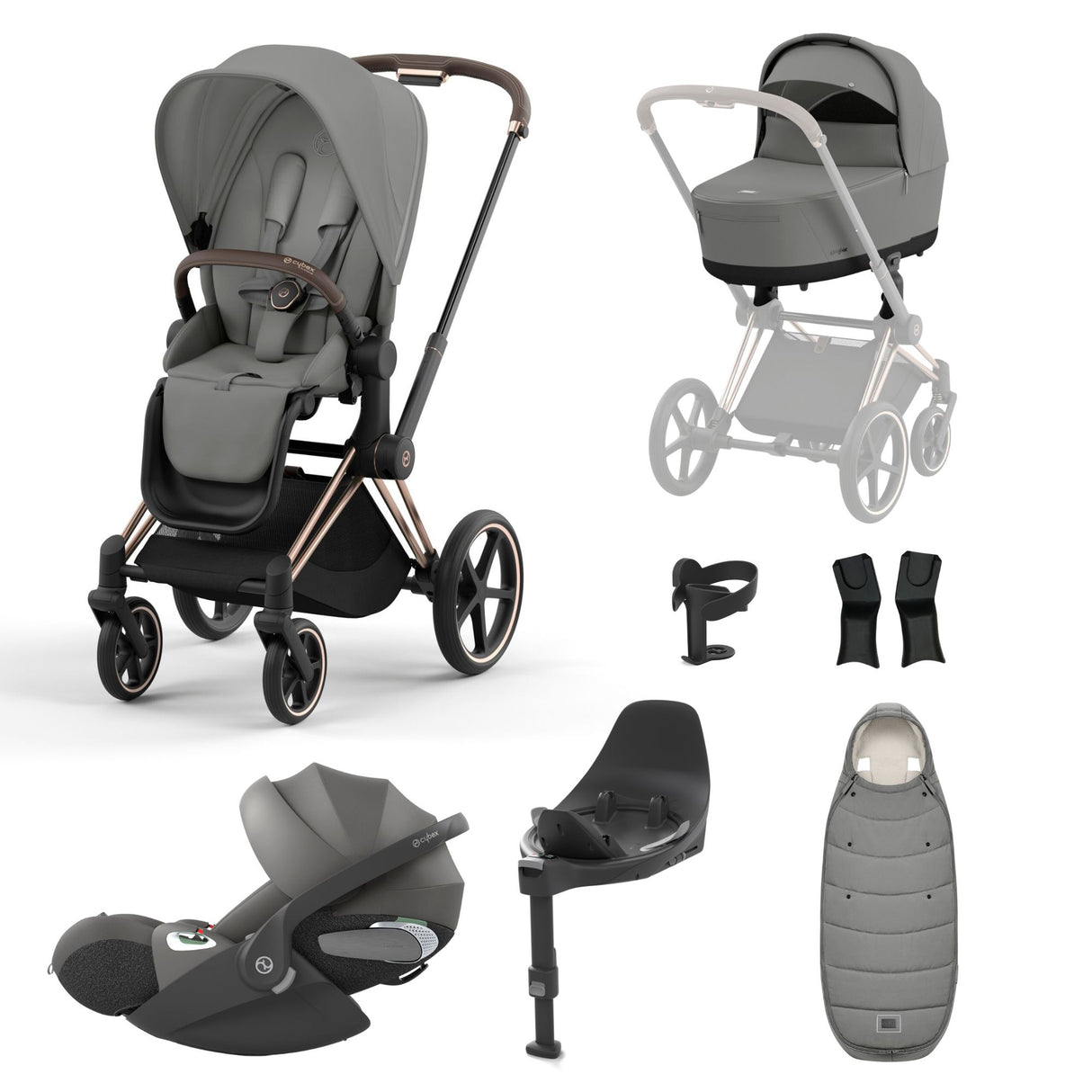 Cybex Priam Travel System with Accessories, Cloud T Car Seat & ISOFIX Base - Mirage Grey / Rose Gold Frame