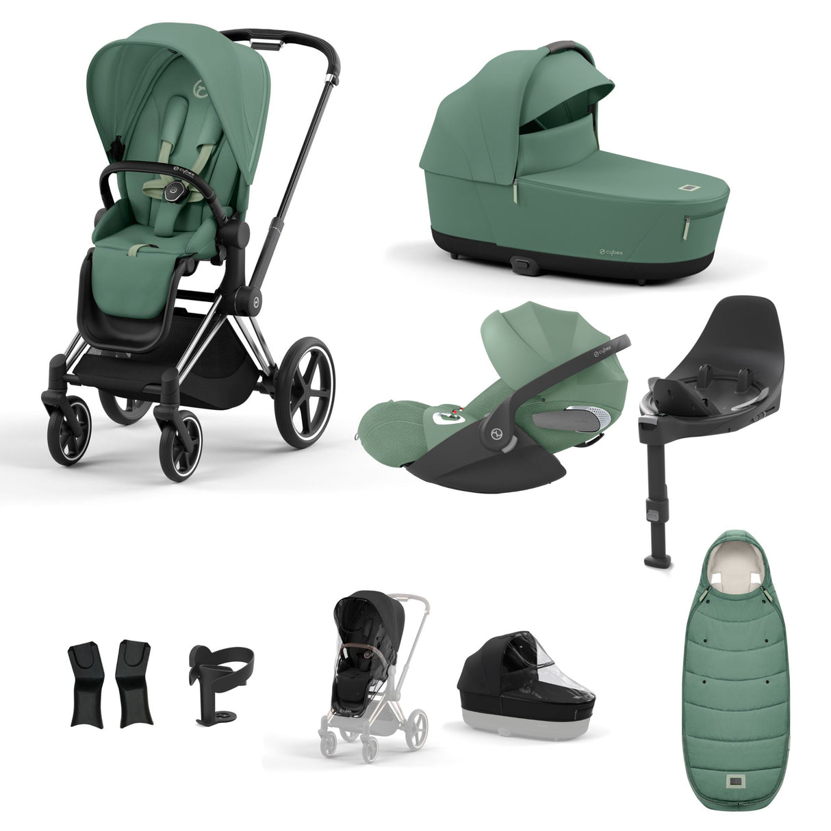 Cybex Priam Travel System with Accessories, Cloud T Car Seat & ISOFIX Base - Leaf Green / Chrome Black Frame