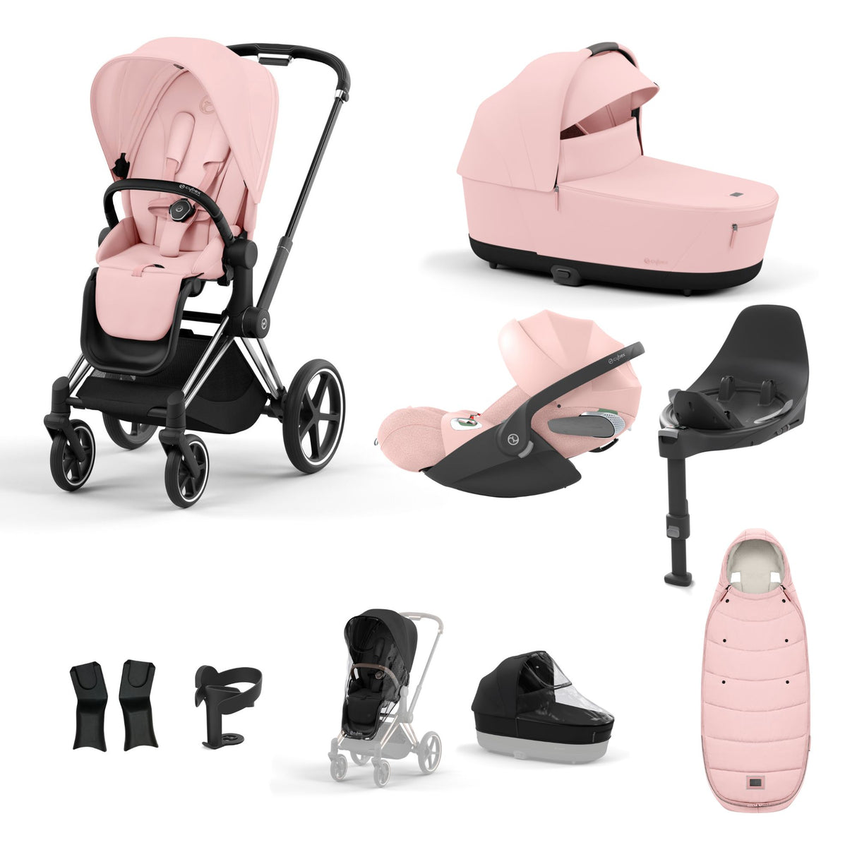 Cybex Priam Travel System with Accessories, Cloud T Car Seat & ISOFIX Base - Peach Pink / Chrome Black Frame