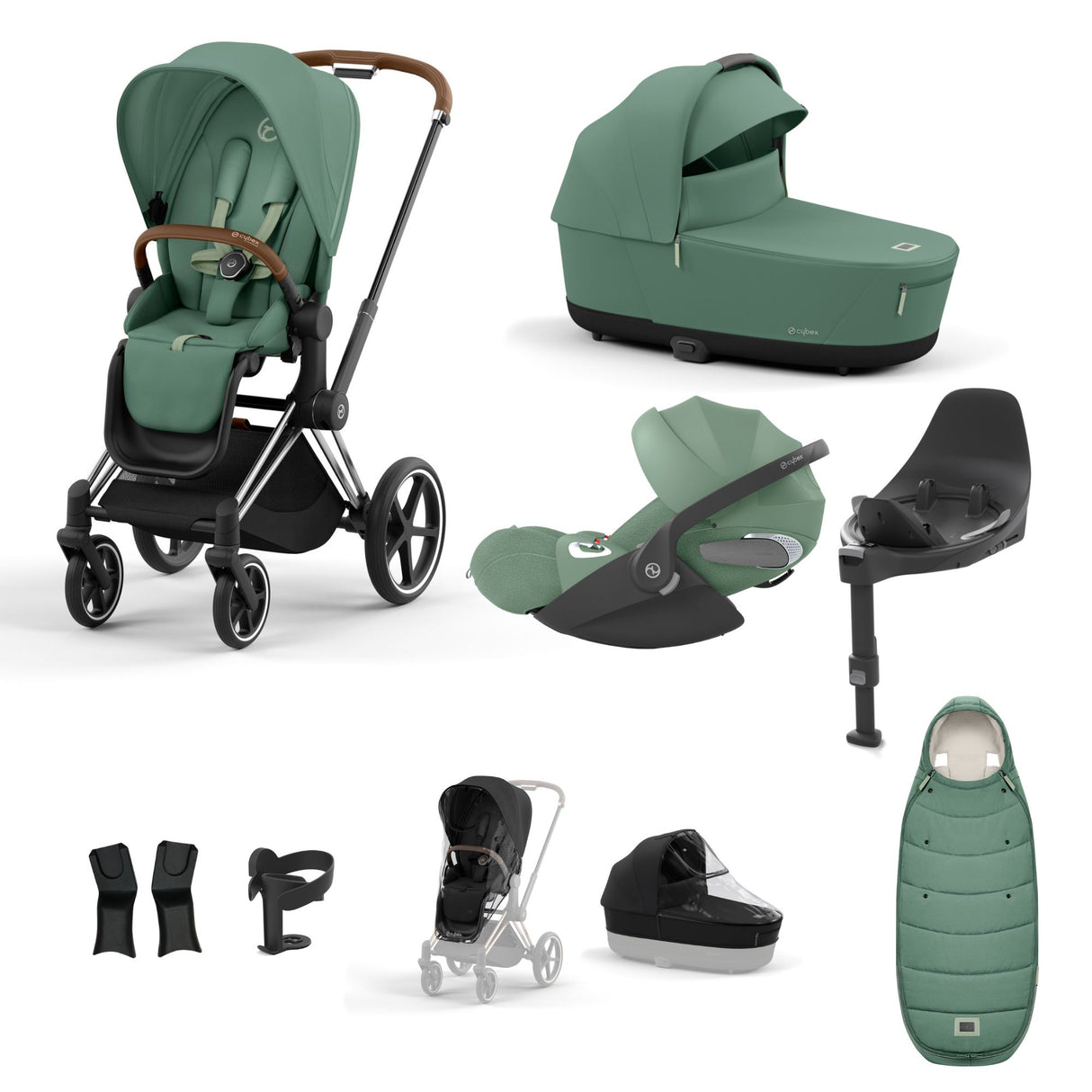 Cybex Priam Travel System with Accessories, Cloud T Car Seat & ISOFIX Base - Leaf Green / Chrome Brown Frame