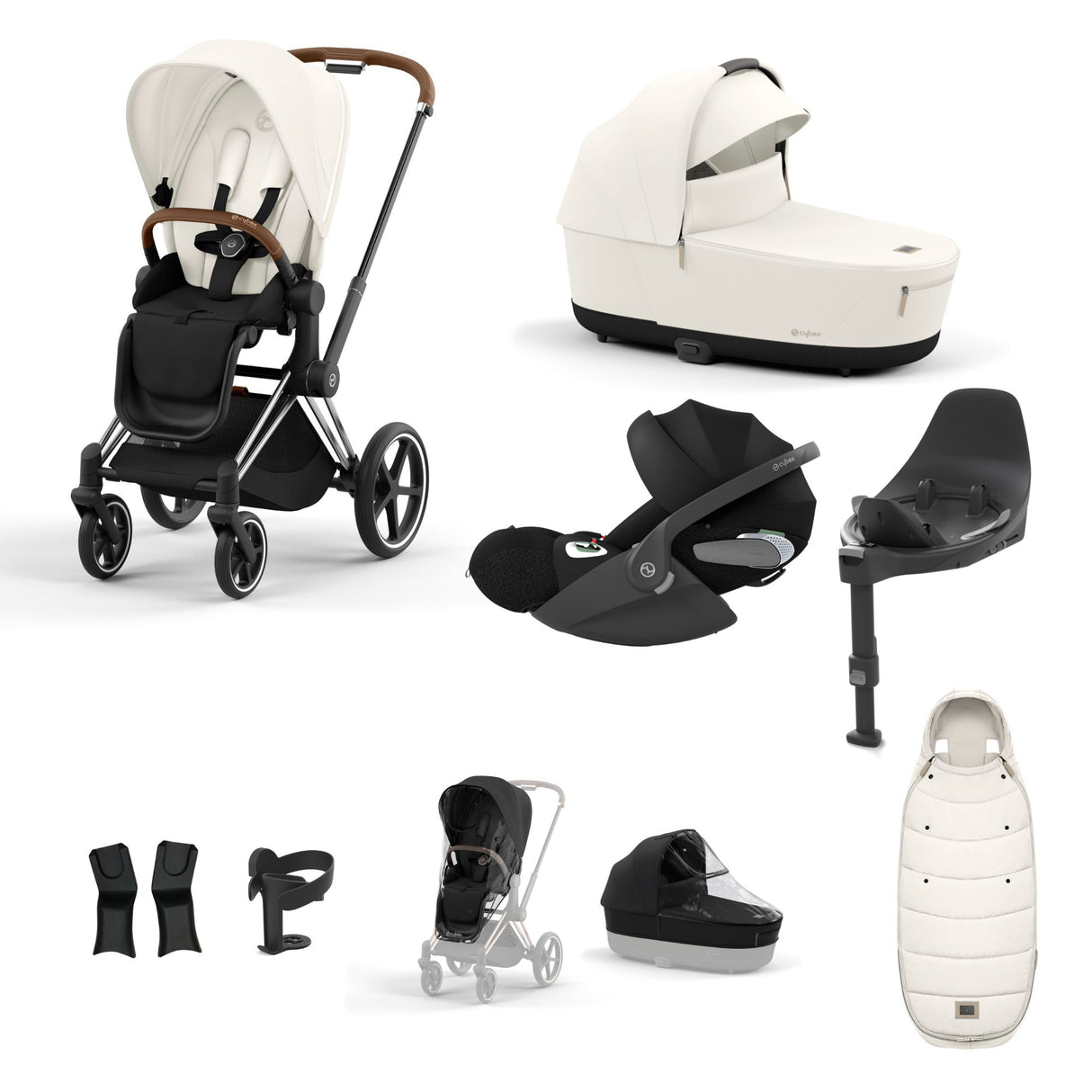 Cybex Priam Travel System with Accessories, Cloud T Car Seat & ISOFIX Base - Off White / Chrome Brown Frame