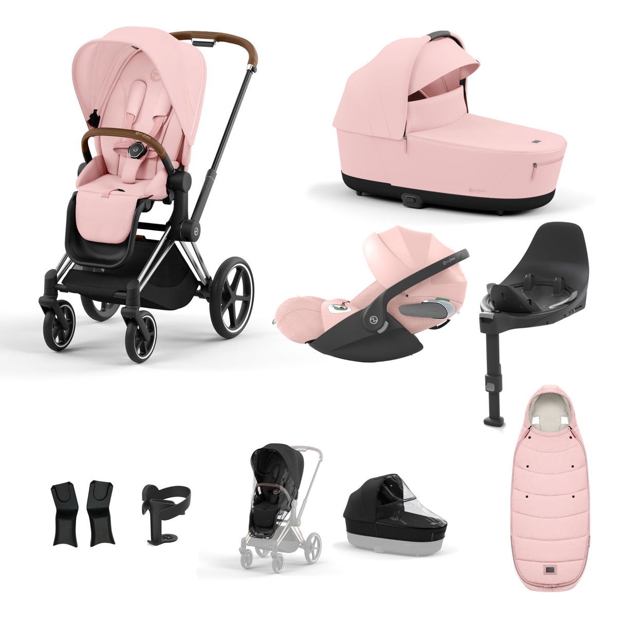 Cybex Priam Travel System with Accessories, Cloud T Car Seat & ISOFIX Base - Peach Pink / Chrome Brown Frame