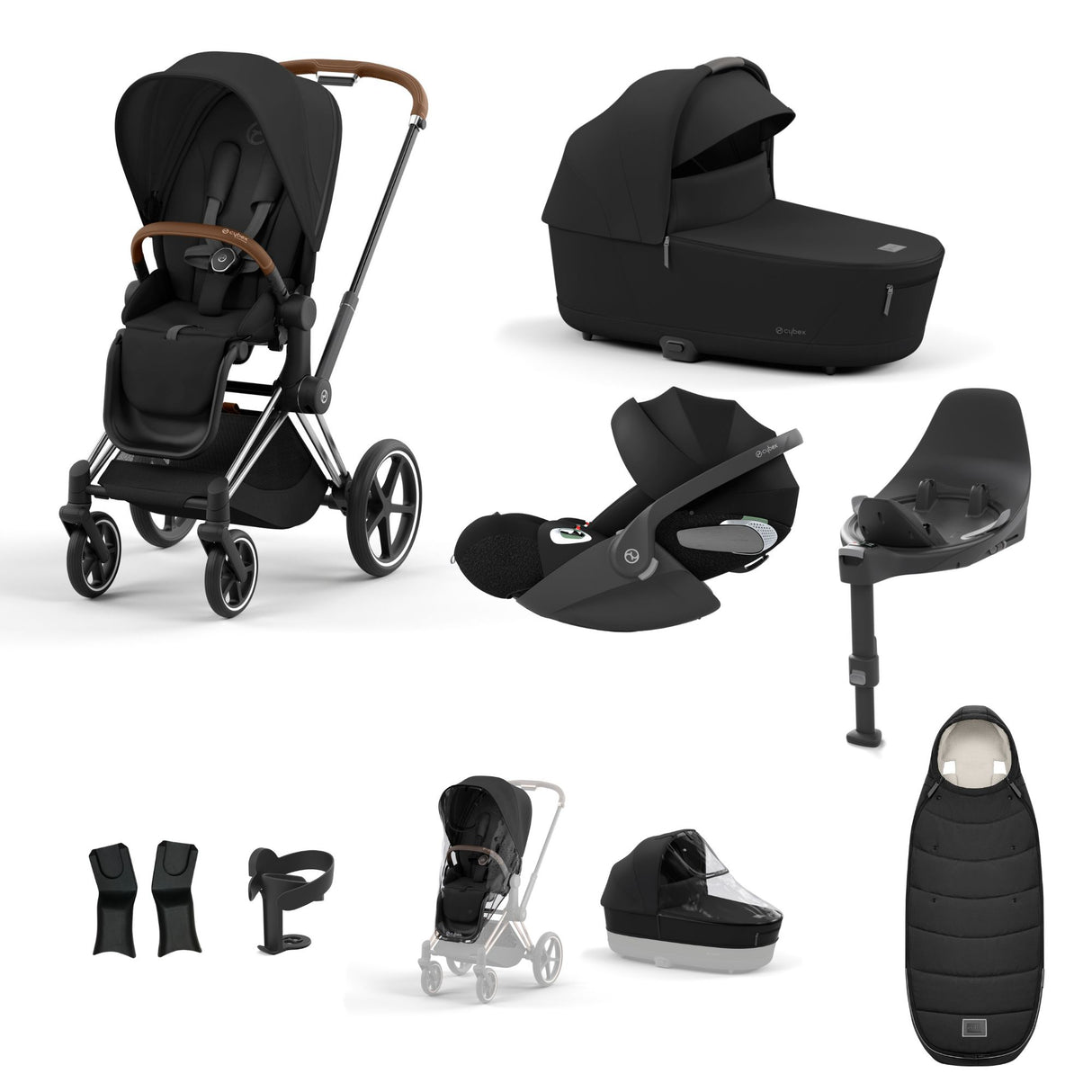 Cybex Priam Travel System with Accessories, Cloud T Car Seat & ISOFIX Base - Sepia Black / Chrome Brown Frame