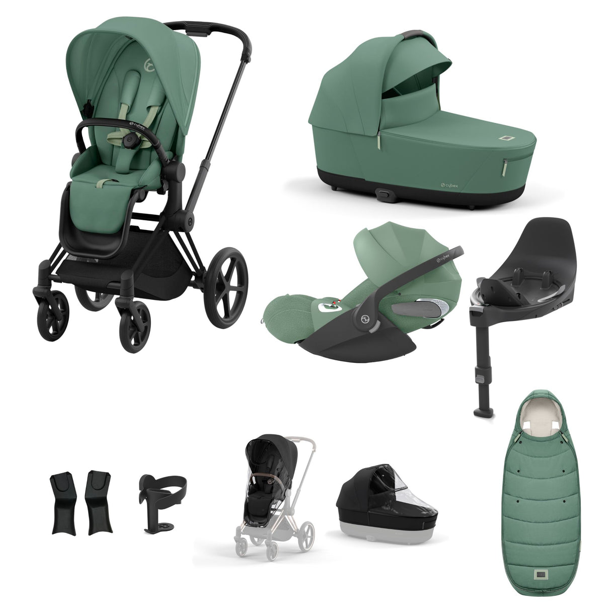 Cybex Priam Travel System with Accessories, Cloud T Car Seat & ISOFIX Base - Leaf Green / Matt Black Frame