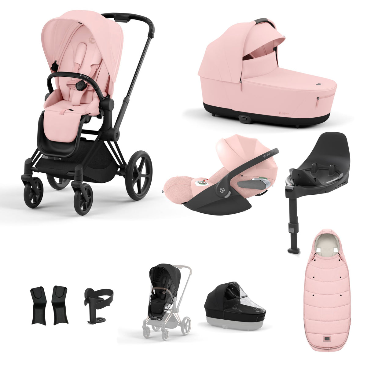 Cybex Priam Travel System with Accessories, Cloud T Car Seat & ISOFIX Base - Peach Pink / Matt Black Frame