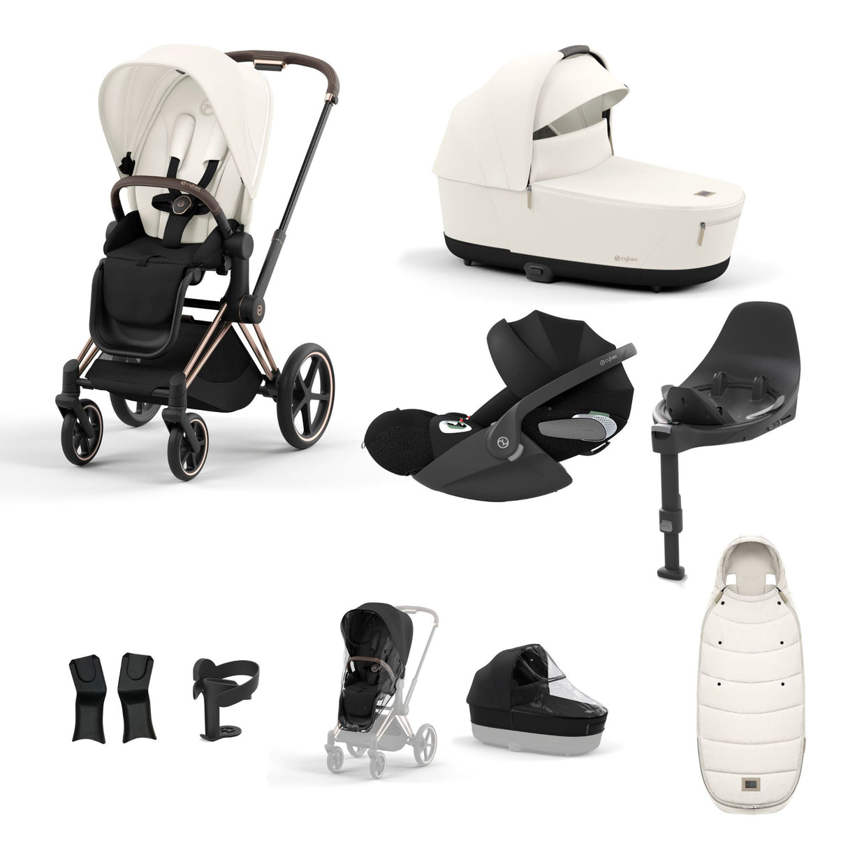 Cybex Priam Travel System with Accessories, Cloud T Car Seat & ISOFIX Base - Off White / Rose Gold Frame