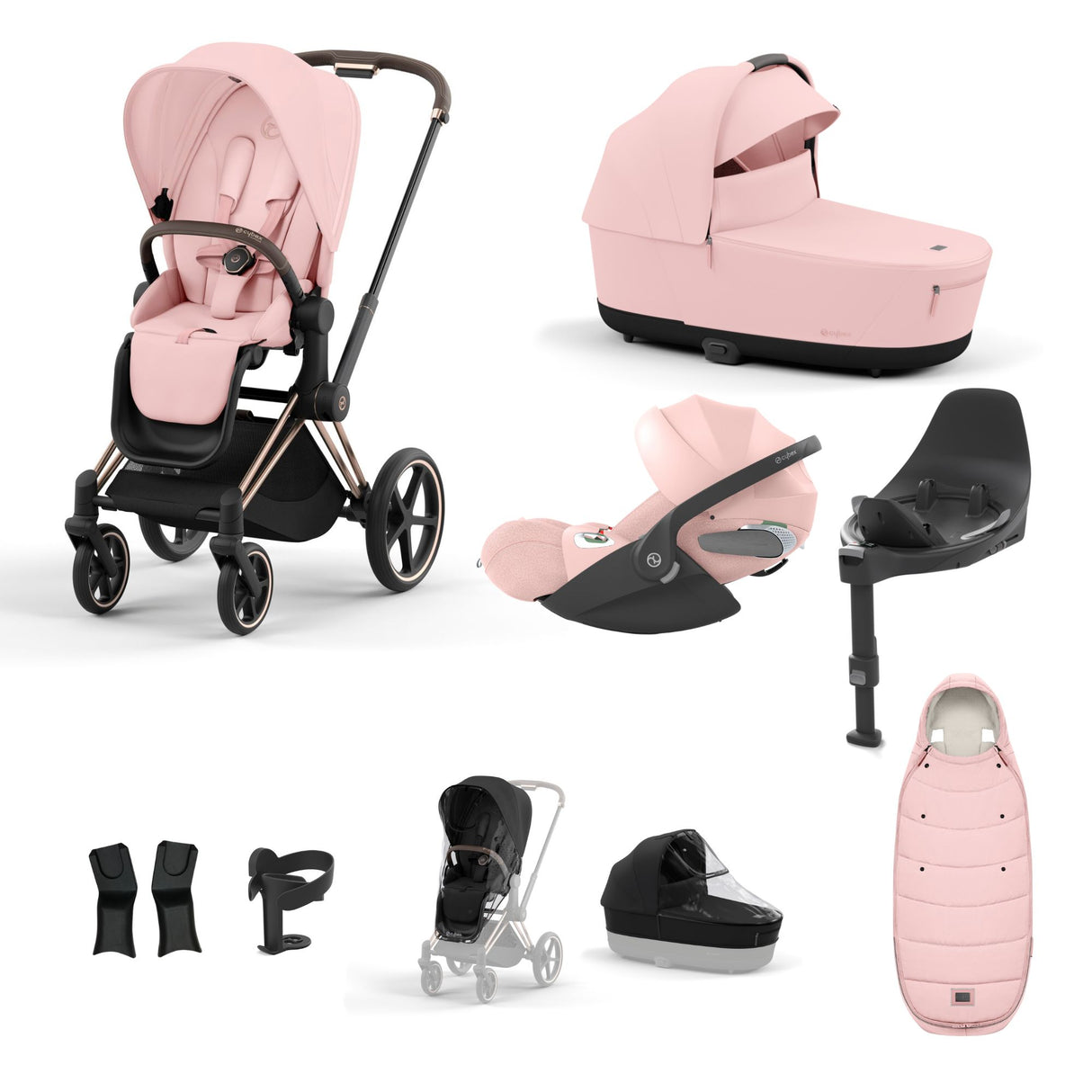 Cybex Priam Travel System with Accessories, Cloud T Car Seat & ISOFIX Base - Peach Pink / Rose Gold Frame