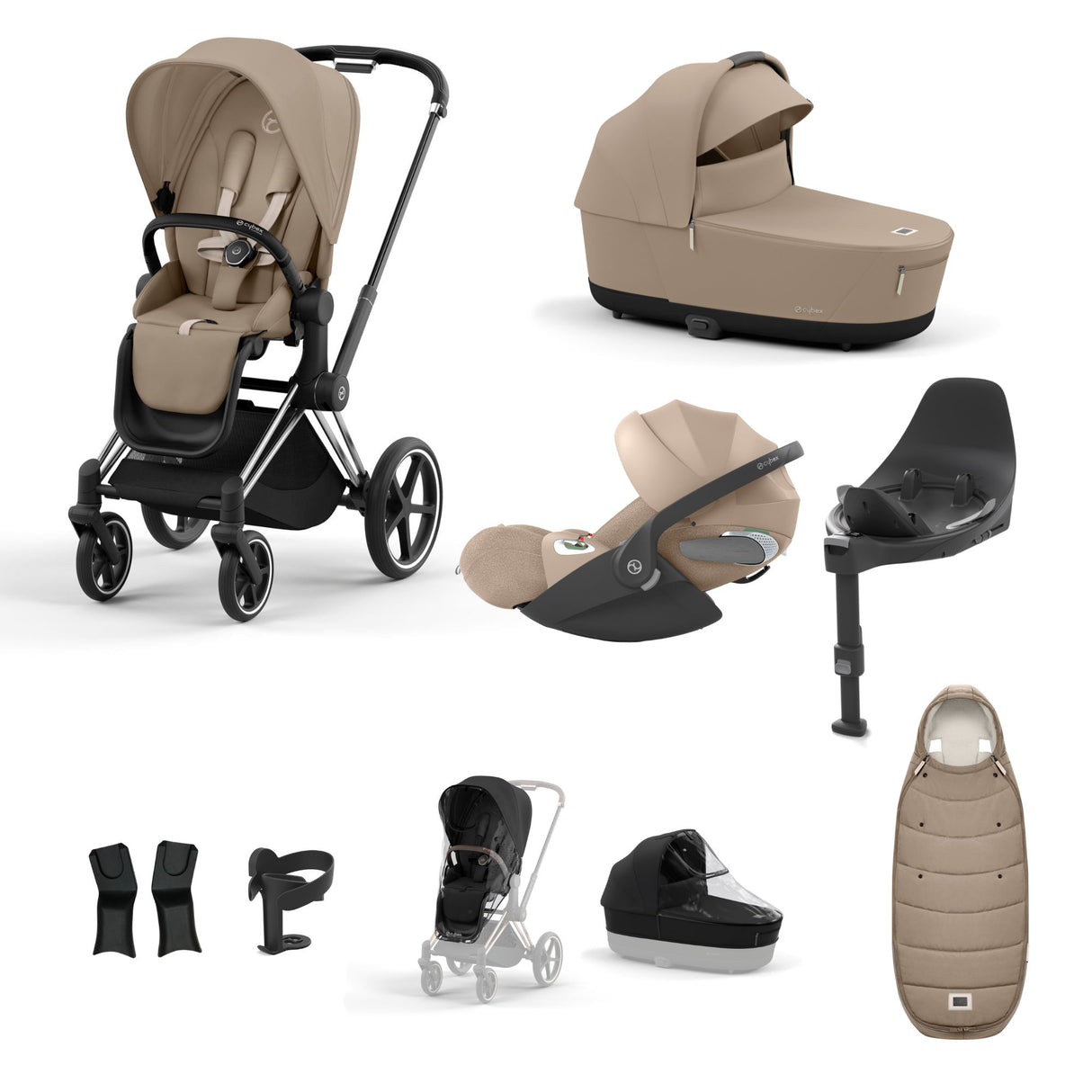 Cybex Priam Travel System with Accessories, Cloud T Car Seat & ISOFIX Base - Cozy Beige / Chrome Black Frame