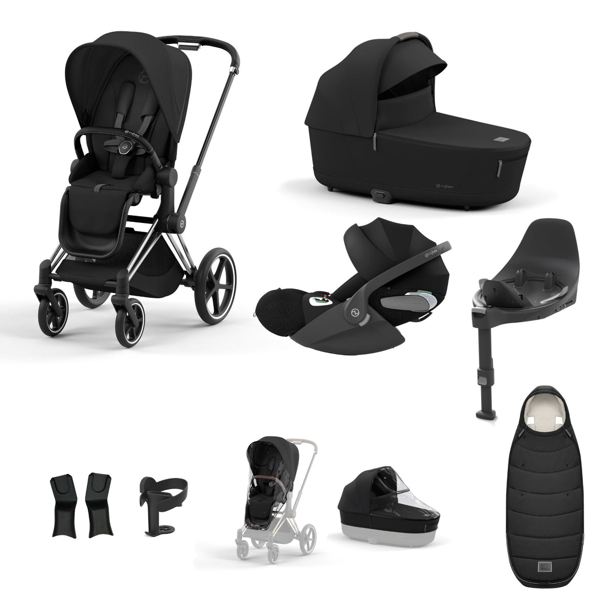 Cybex Priam Travel System with Accessories, Cloud T Car Seat & ISOFIX Base - Sepia Black / Chrome Black Frame