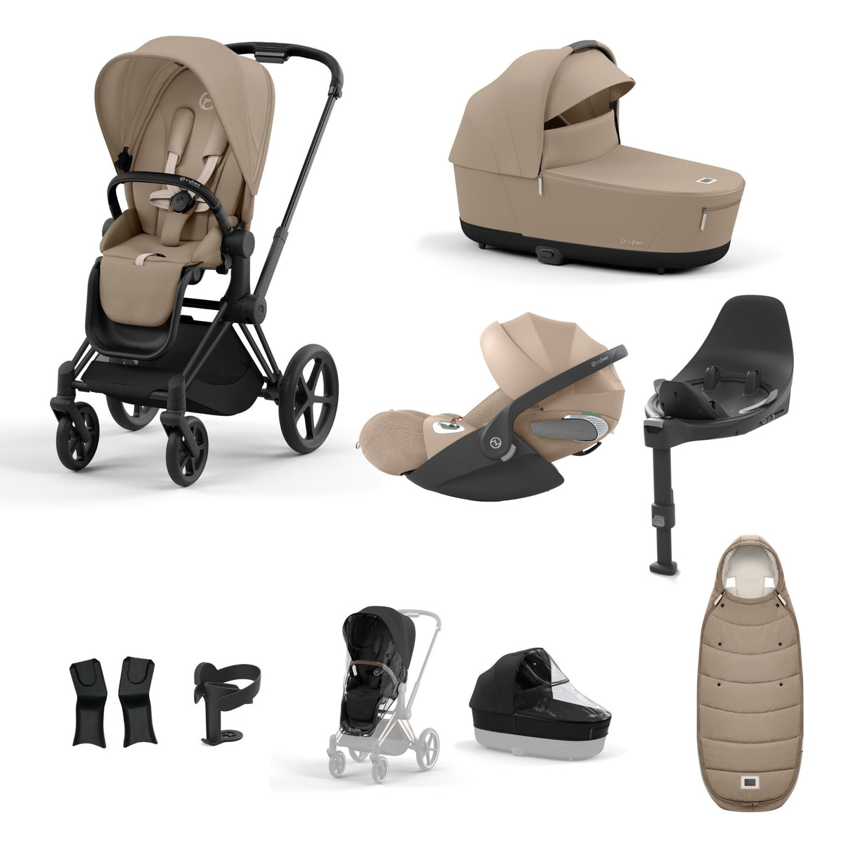 Cybex Priam Travel System with Accessories, Cloud T Car Seat & ISOFIX Base - Cozy Beige / Matt Black Frame