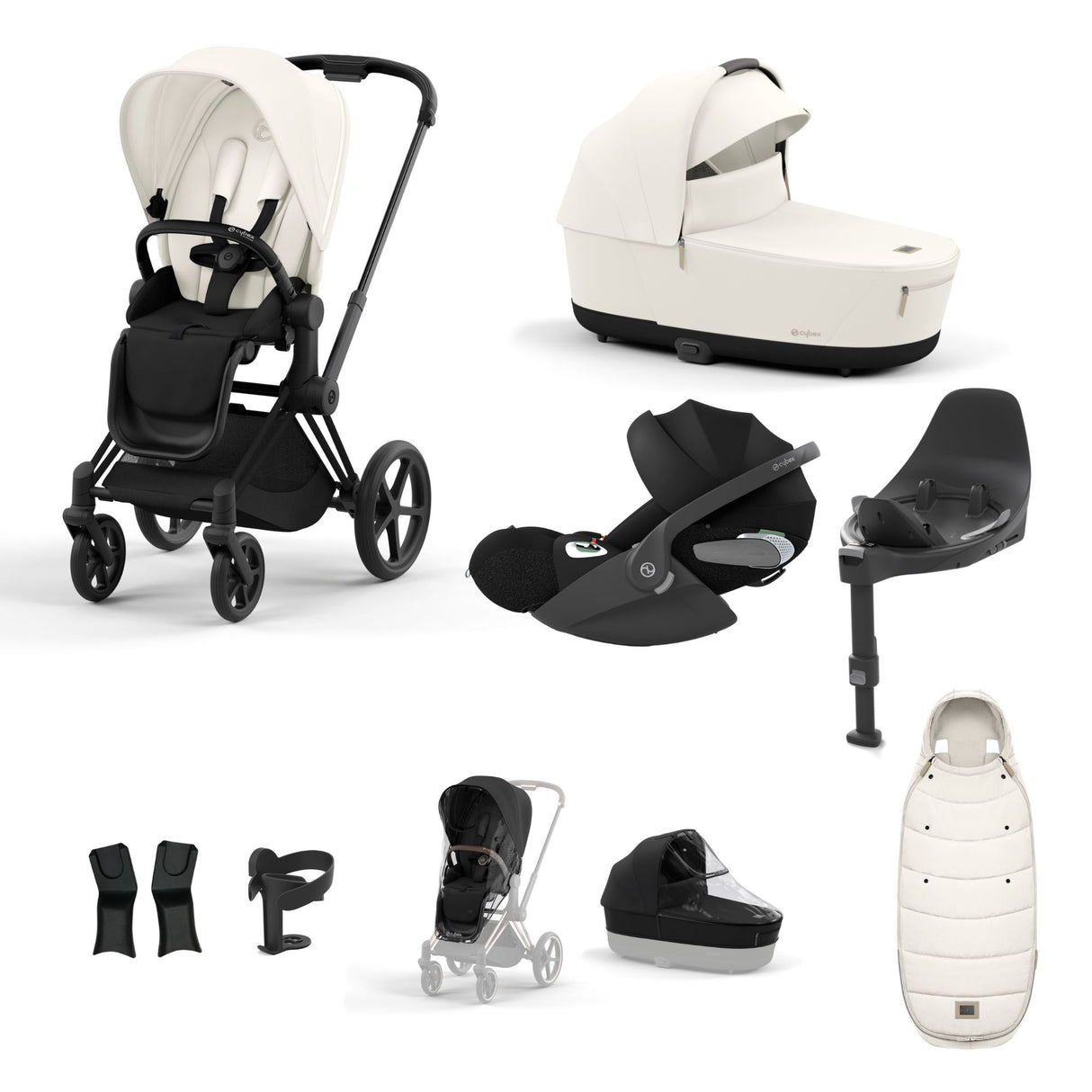 Cybex Priam Travel System with Accessories, Cloud T Car Seat & ISOFIX Base - Off White / Matt Black Frame