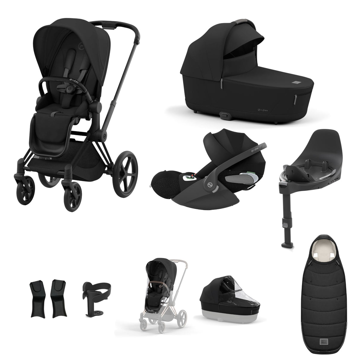 Cybex Priam Travel System with Accessories, Cloud T Car Seat & ISOFIX Base - Sepia Black / Matt Black Frame