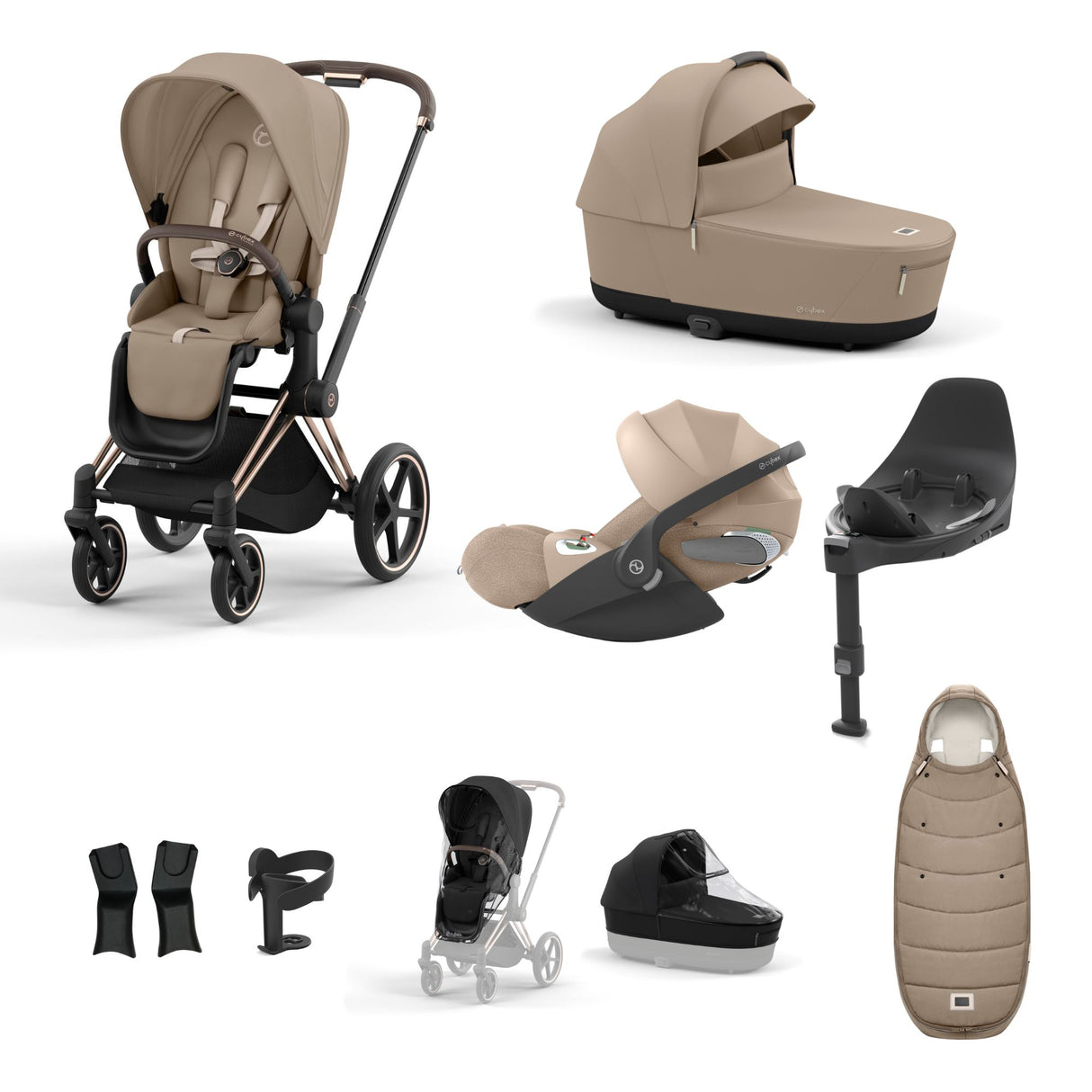 Cybex Priam Travel System with Accessories, Cloud T Car Seat & ISOFIX Base - Cozy Beige / Rose Gold Frame