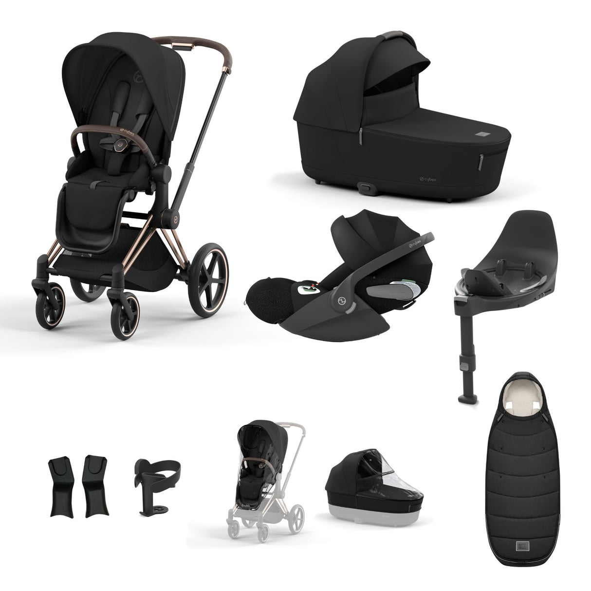 Cybex Priam Travel System with Accessories, Cloud T Car Seat & ISOFIX Base - Sepia Black / Rose Gold Frame