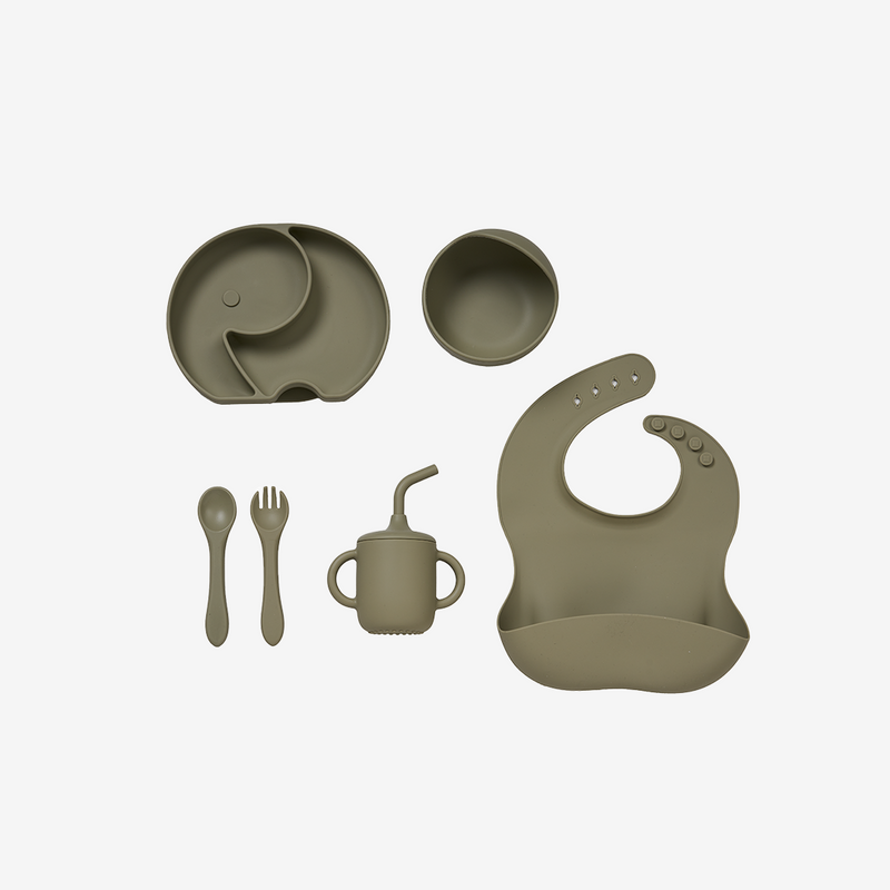 Bababing 6 Piece Feeding Set includes Bowl, Plate, Bib, Cup & Cutlery - Olive Green