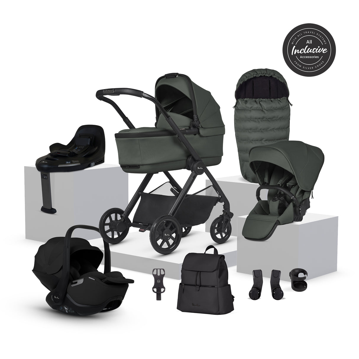 Silver Cross Reef 2 Ultimate Travel System Bundle with Glide Plus 360 Car Seat and ISOFIX Base - Pewter