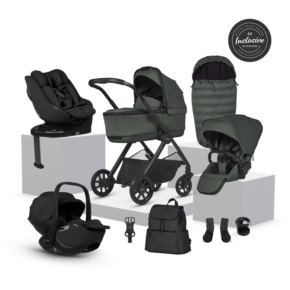 Silver Cross Reef 2 Ultimate Travel System Bundle with Glide Plus 360, Approach Plus 360 Car Seat and ISOFIX Base - Pewter