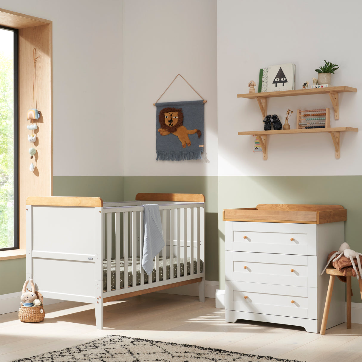 Tutti Bambini Rio 2 Piece Nursery Furniture Set with Cot Bed, Cot Top Changer and Dresser - Dove Grey / Oak
