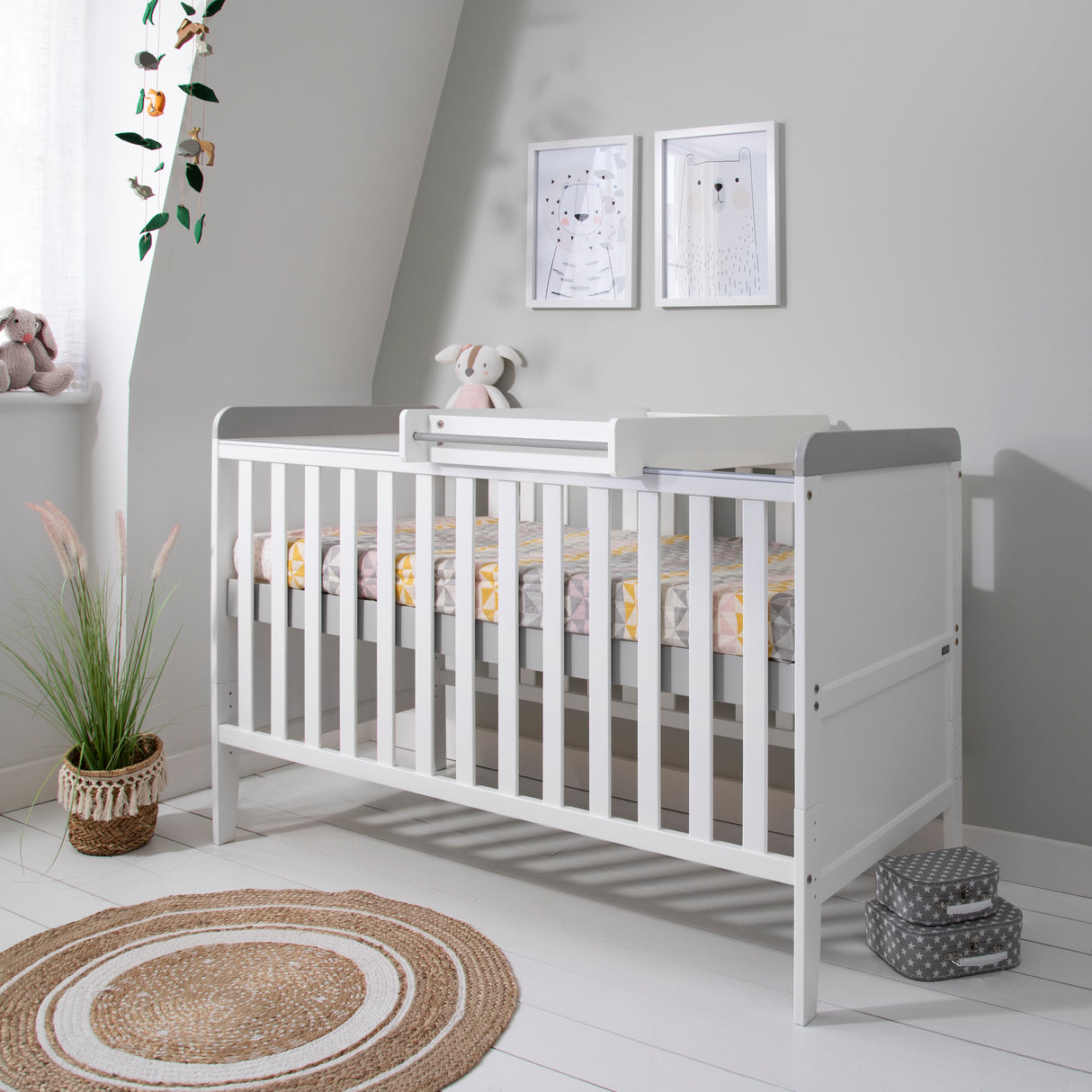 Tutti Bambini Rio 3 Piece Nursery Furniture Set with Cot Bed, Cot Top Changer, Dresser and Wardrobe - White / Dove Grey