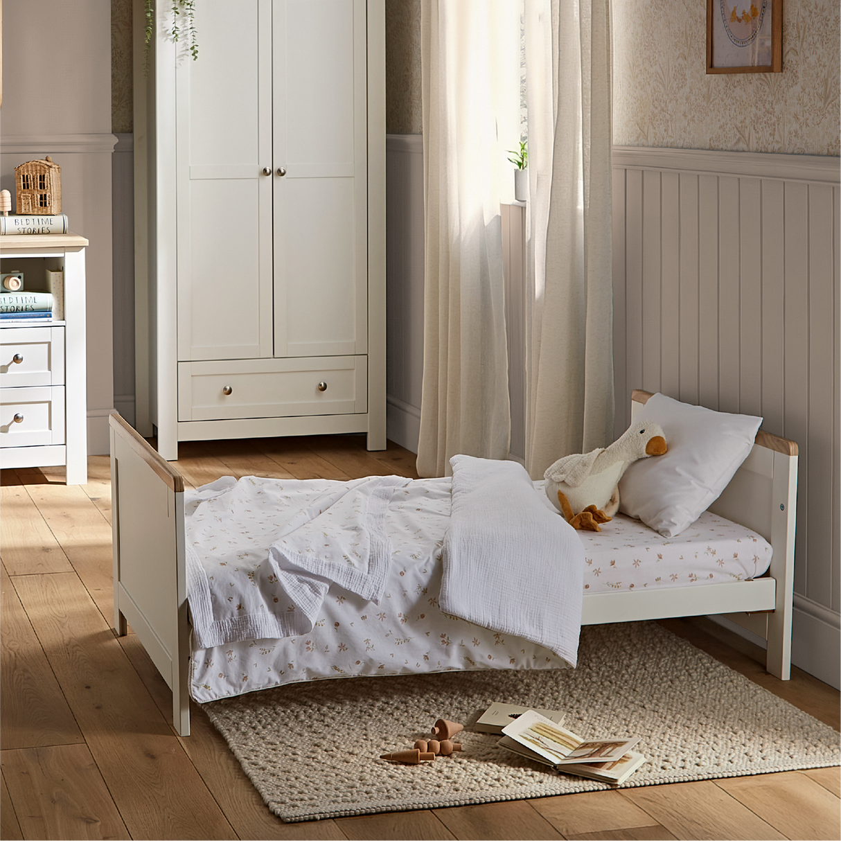CuddleCo Burford 2 Piece Nursery Furniture Set with Cot Bed and Dresser - White & Oak