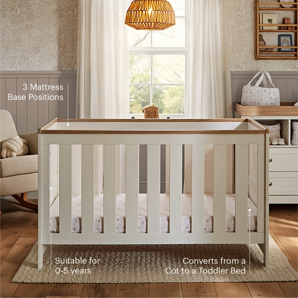CuddleCo Burford 2 Piece Nursery Furniture Set with Cot Bed and Dresser - White & Oak