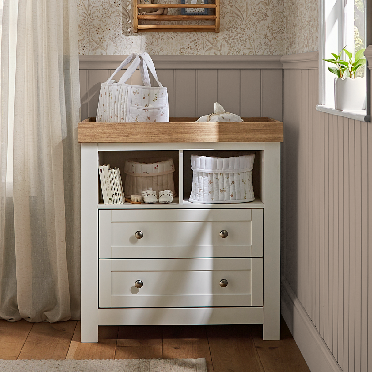 CuddleCo Burford 2 Piece Nursery Furniture Set with Cot Bed and Dresser - White & Oak