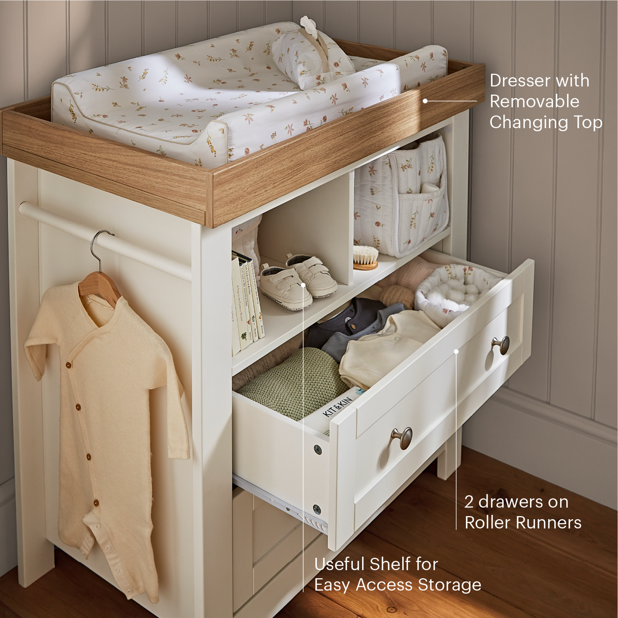 CuddleCo Burford 2 Piece Nursery Furniture Set with Cot Bed and Dresser - White & Oak