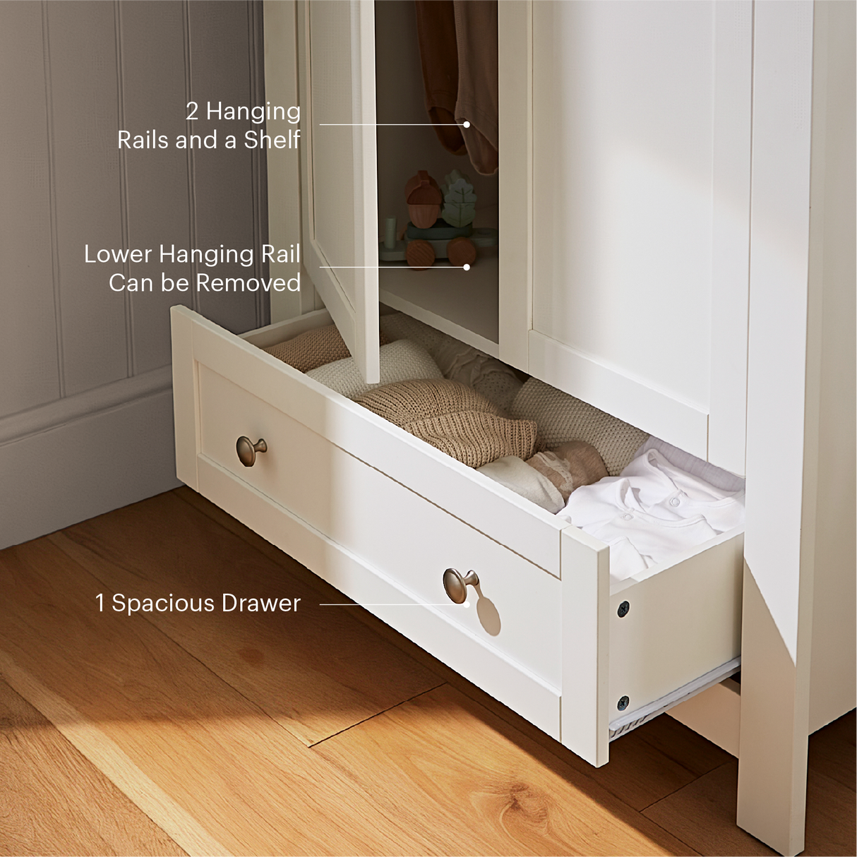 CuddleCo Burford 3 Piece Nursery Furniture Set with Cot Bed, Dresser & Wardrobe - White & Oak
