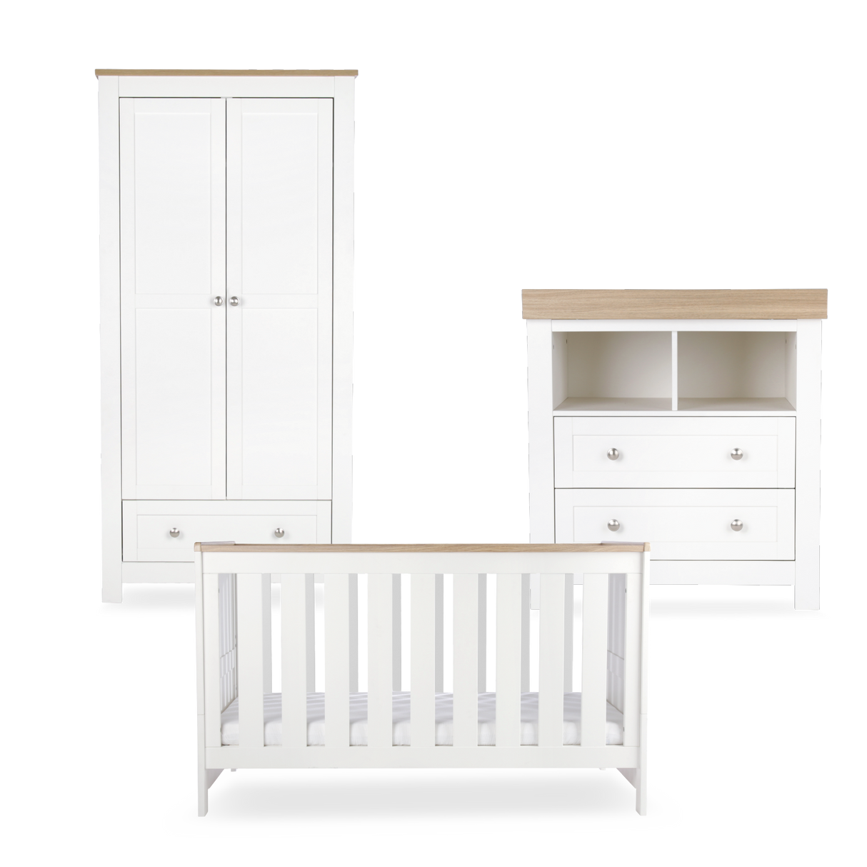 CuddleCo Burford 3 Piece Nursery Furniture Set with Cot Bed, Dresser & Wardrobe - White & Oak