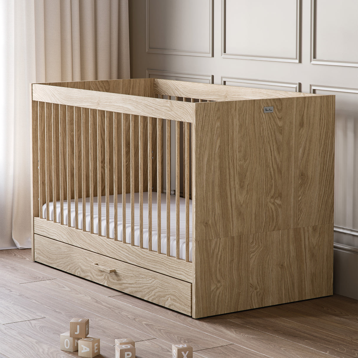 Silver Cross Geneva 4 Piece Nursery Furniture Set with Cot Bed, Under Drawer, Dresser, Wardrobe and Carmel Rocking Chair