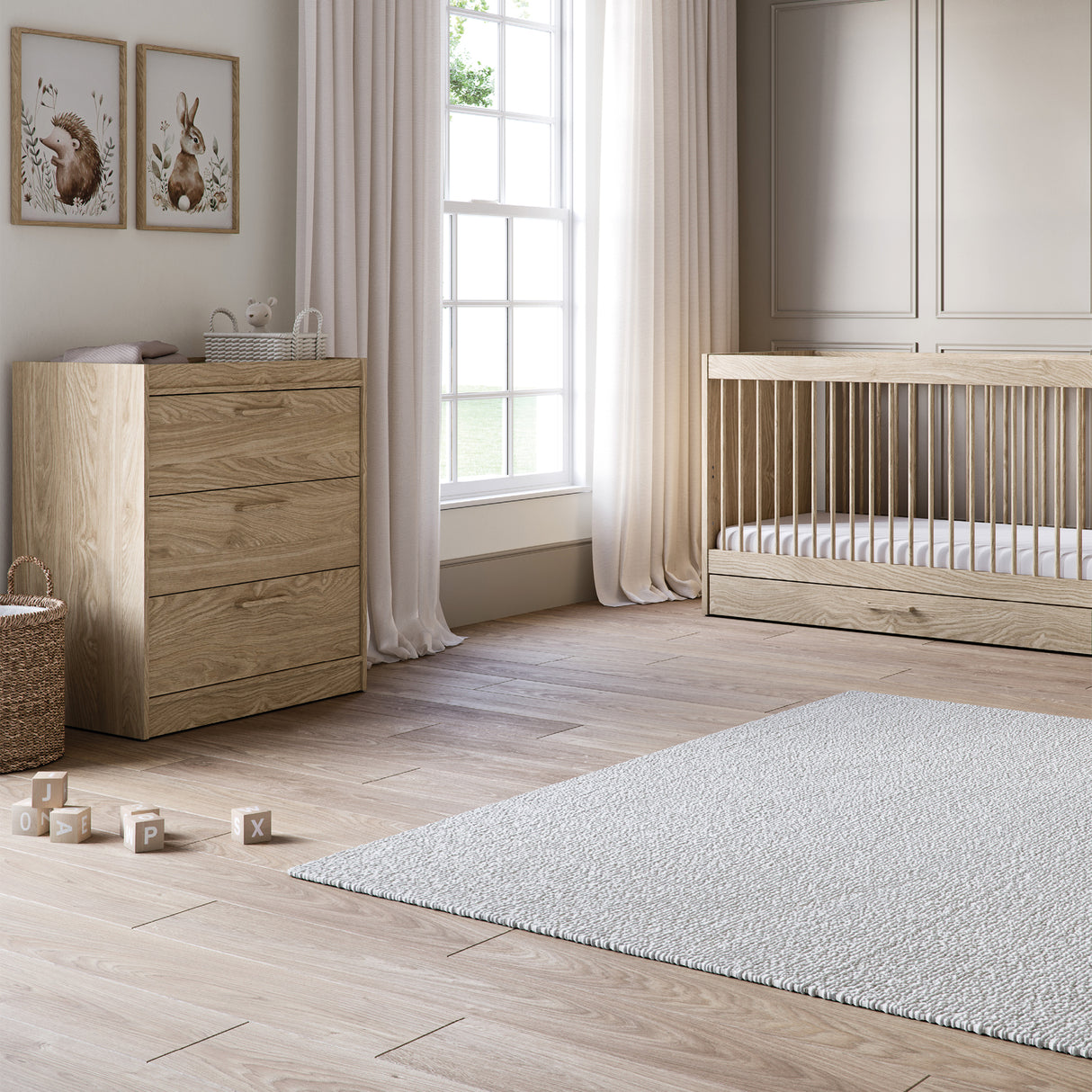 Silver Cross Geneva 5 Piece Nursery Furniture Set with Cot Bed, Under Drawer, Dresser, Wardrobe, Carmel Rocking Chair and TrueFit Eco Fibre Mattress