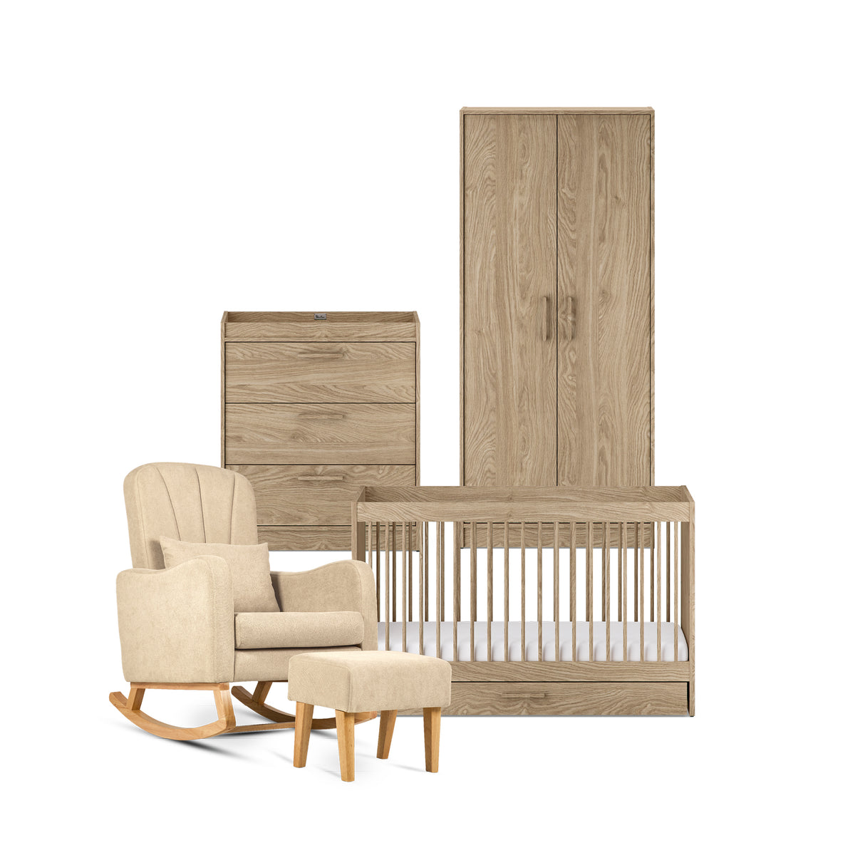 Silver Cross Geneva 4 Piece Nursery Furniture Set with Cot Bed, Under Drawer, Dresser, Wardrobe and Carmel Rocking Chair