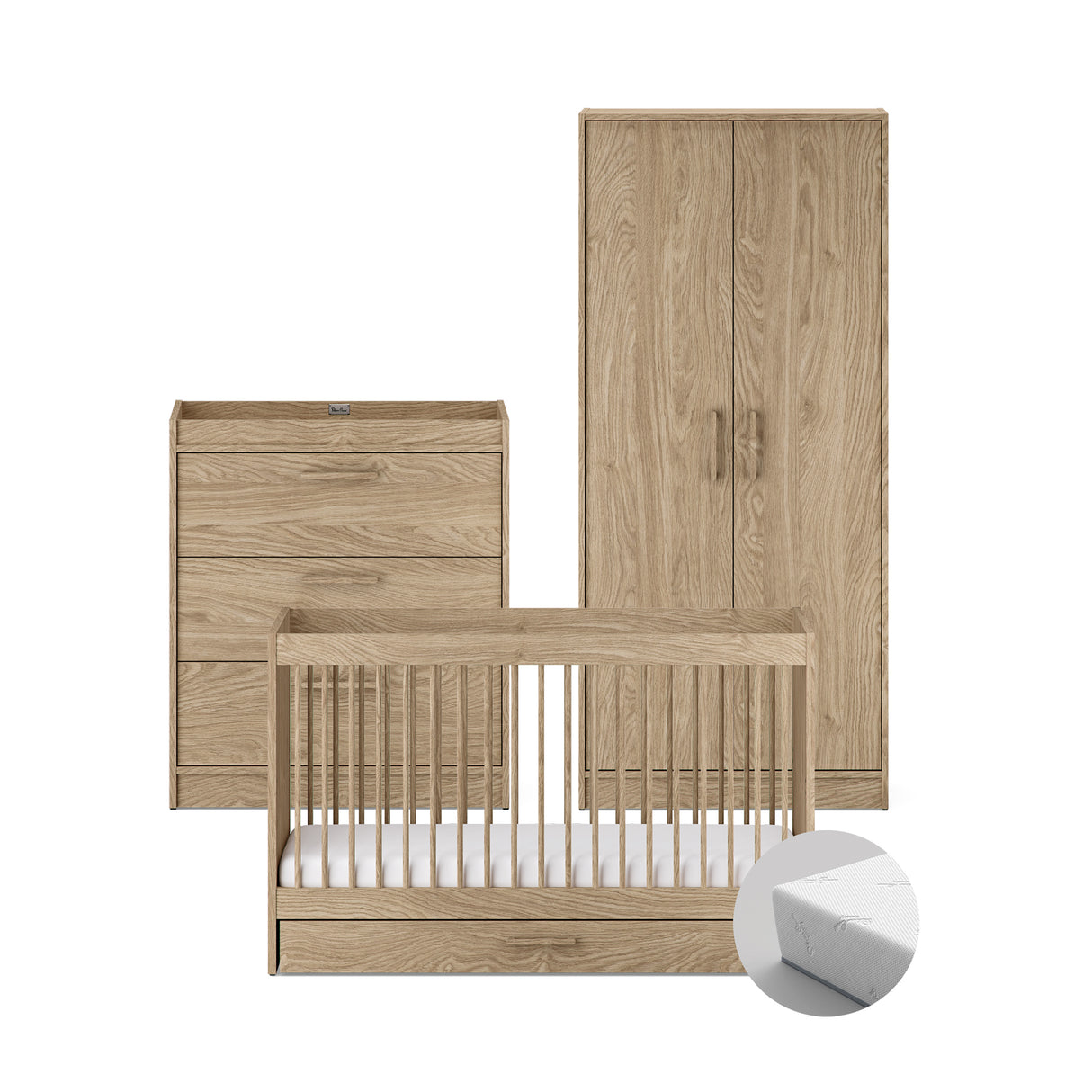 Silver Cross Geneva 4 Piece Nursery Furniture Set with Cot Bed, Under Drawer, Dresser, Wardrobe and TrueFit Eco Fibre Mattress