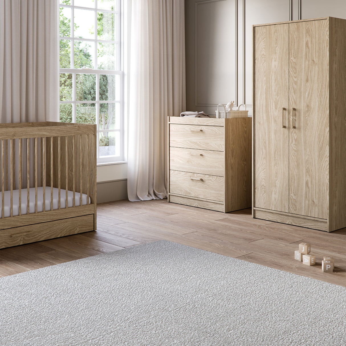 Silver Cross Geneva 4 Piece Nursery Furniture Set with Cot Bed, Under Drawer, Dresser, Wardrobe and TrueFit Eco Fibre Mattress