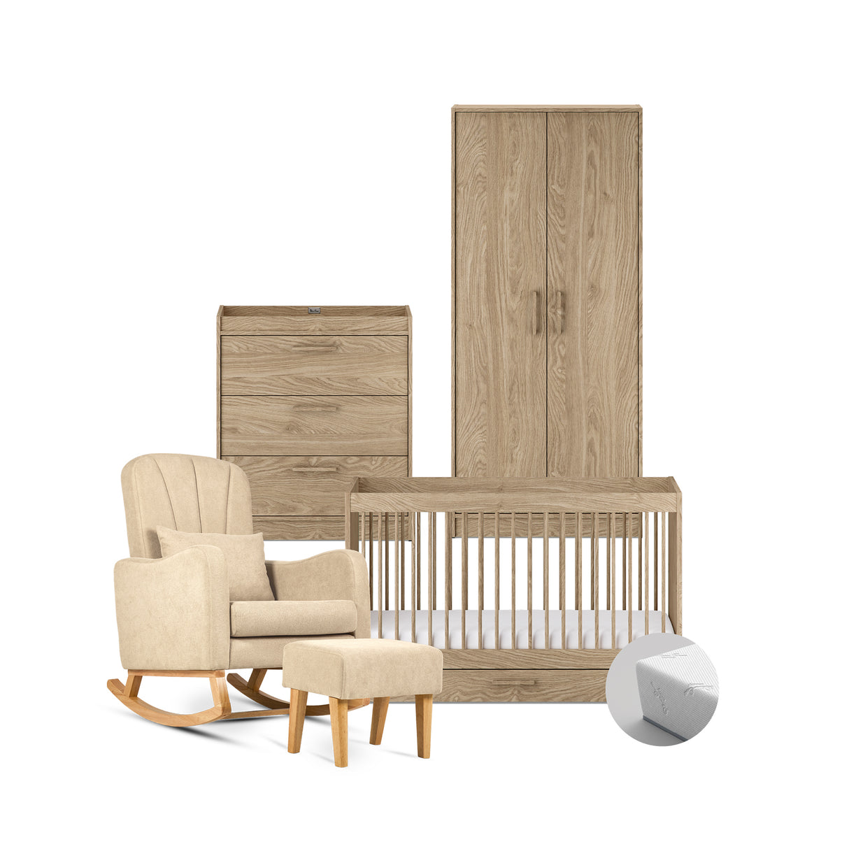 Silver Cross Geneva 5 Piece Nursery Furniture Set with Cot Bed, Under Drawer, Dresser, Wardrobe, Carmel Rocking Chair and TrueFit Eco Fibre Mattress