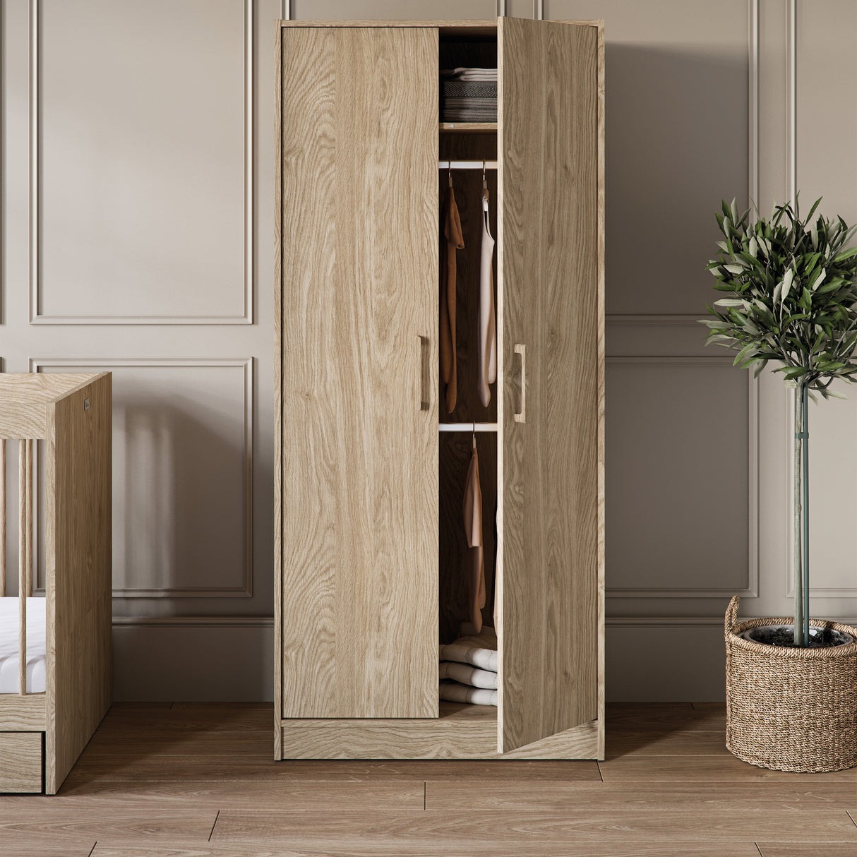 Silver Cross Geneva 4 Piece Nursery Furniture Set with Cot Bed, Under Drawer, Dresser, Wardrobe and Carmel Rocking Chair