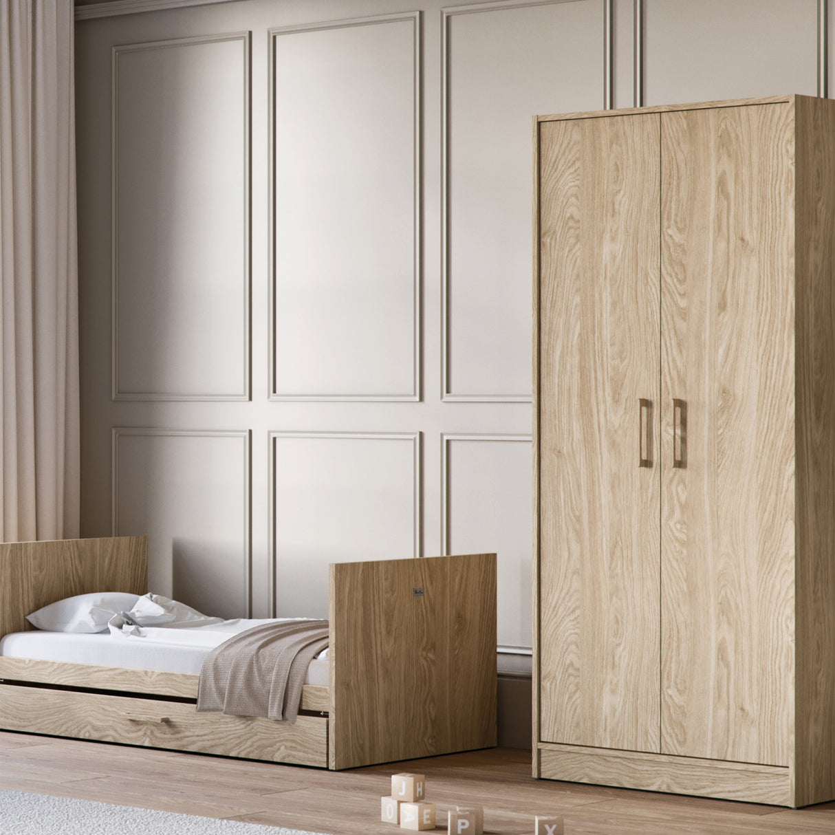 Silver Cross Geneva 4 Piece Nursery Furniture Set with Cot Bed, Under Drawer, Dresser, Wardrobe and Carmel Rocking Chair