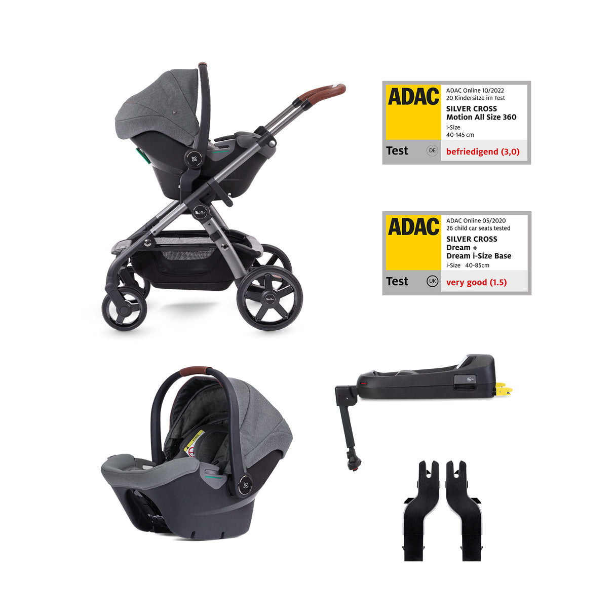 Silver Cross Wave 3 Single to Double Travel System with Dream Car Seat and Motion 2 360 Car Seat - Lunar