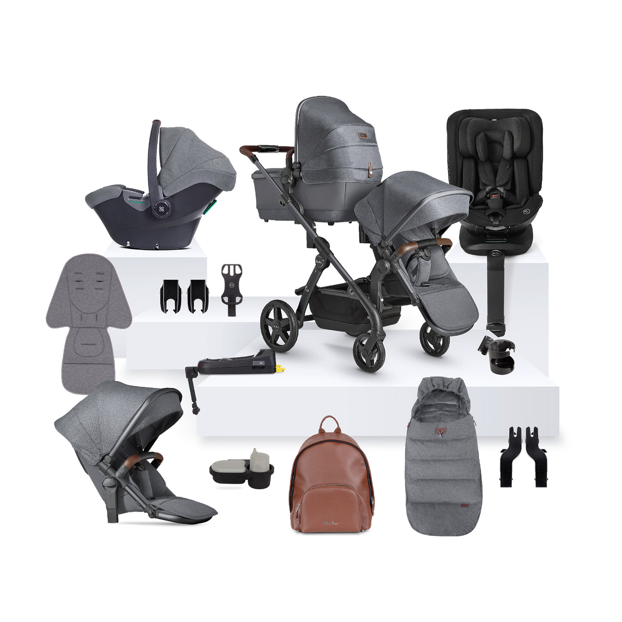 Silver Cross Wave 3 Single to Double Travel System with Dream Car Seat and Motion 2 360 Car Seat - Lunar