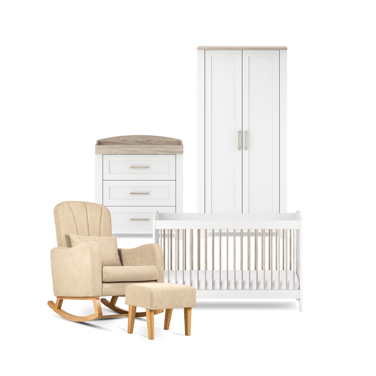 Silver Cross Valencia 4 Piece Nursery Furniture Set with Cot Bed, Dresser, Wardrobe and Carmel Rocking Chair