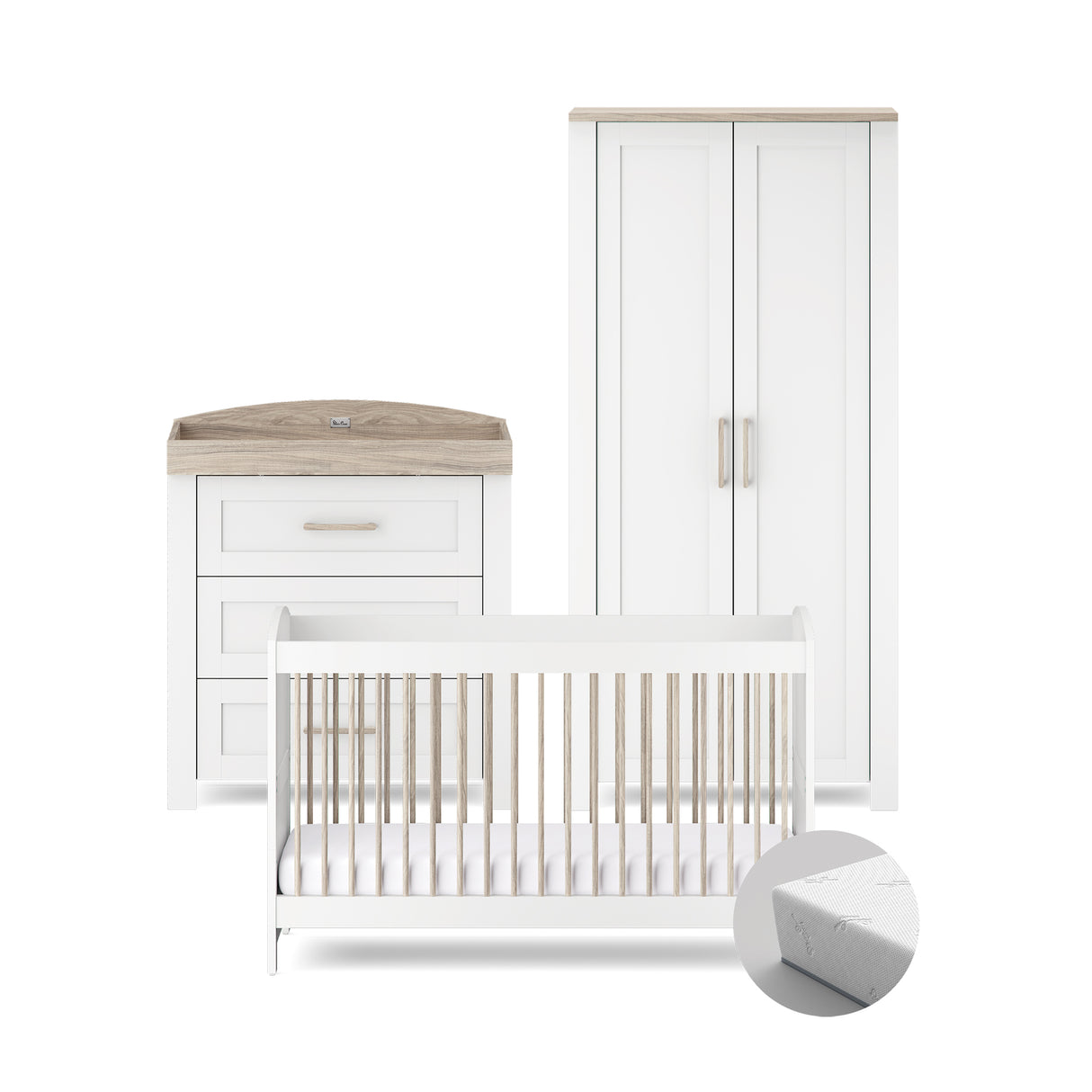 Silver Cross Valencia 4 Piece Nursery Furniture Set with Cot Bed, Dresser, Wardrobe and TrueFit Eco Fibre Mattress