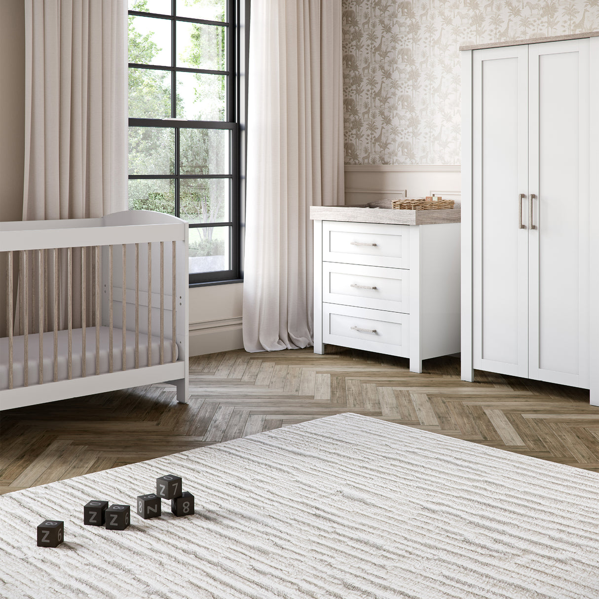 Silver Cross Valencia 4 Piece Nursery Furniture Set with Cot Bed, Dresser, Wardrobe and TrueFit Eco Fibre Mattress